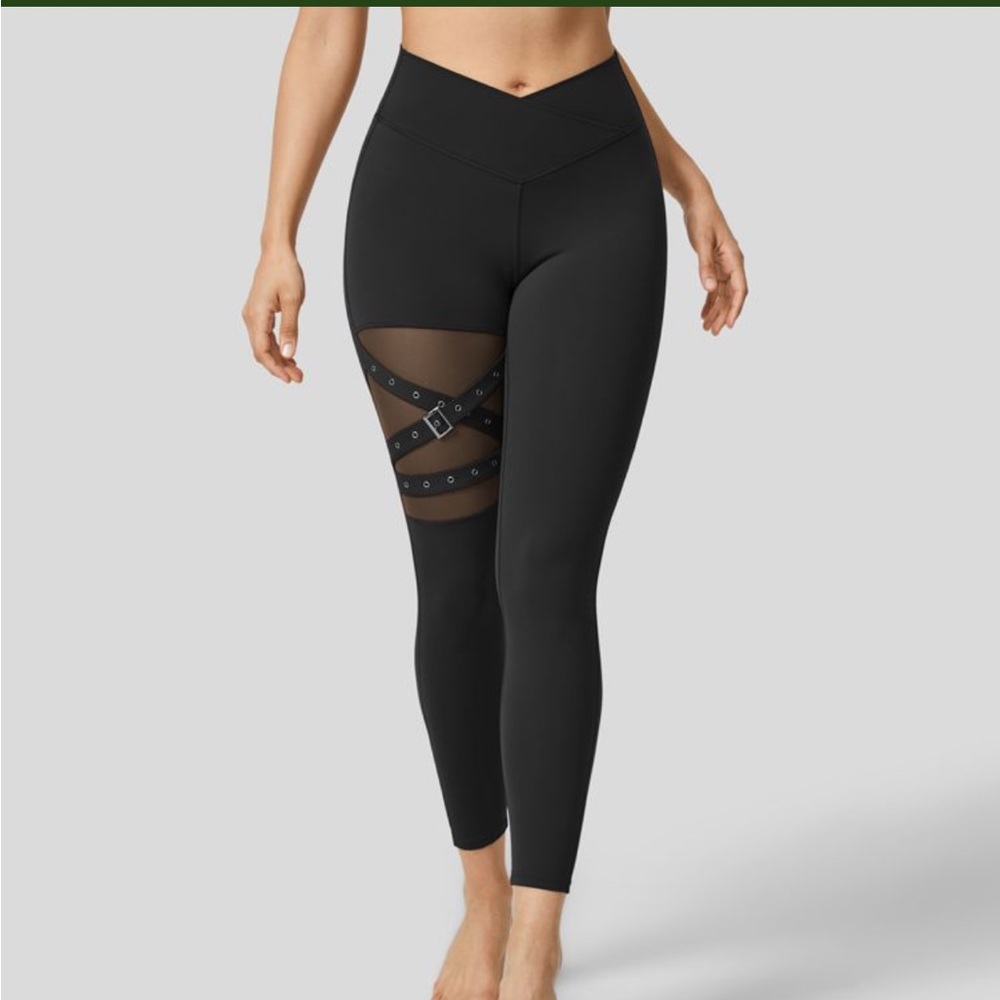Halara High Waisted Crossover Contrast Mesh Decorative Buckle Leggings Black